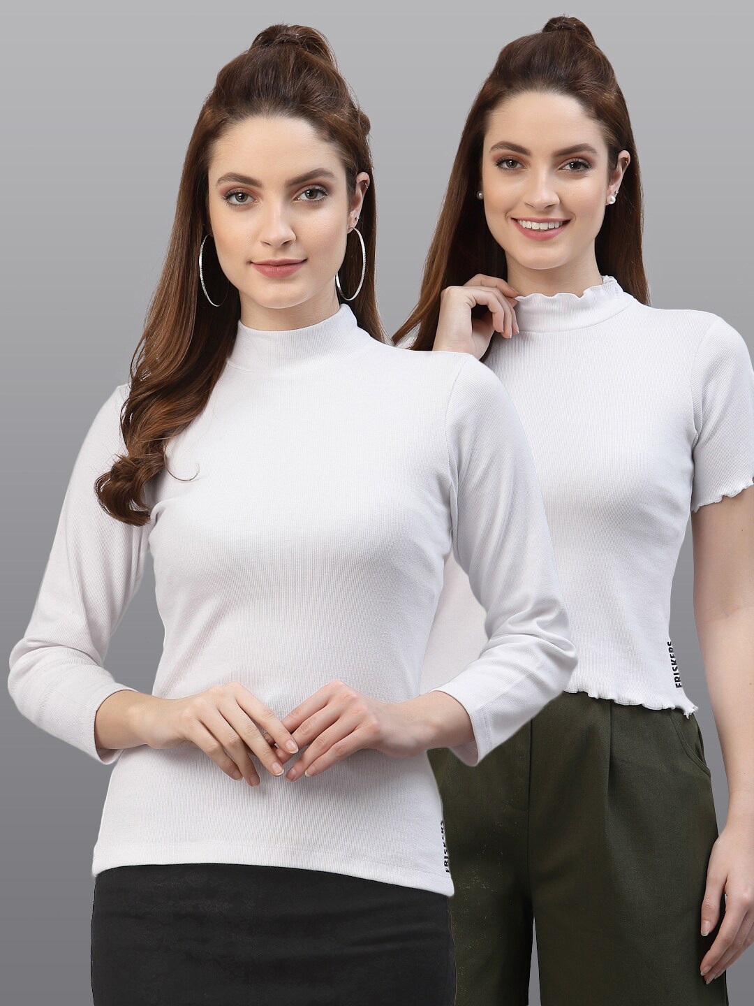 

Friskers Women Pack of 2 White Solid High Neck Cotton Fitted Top