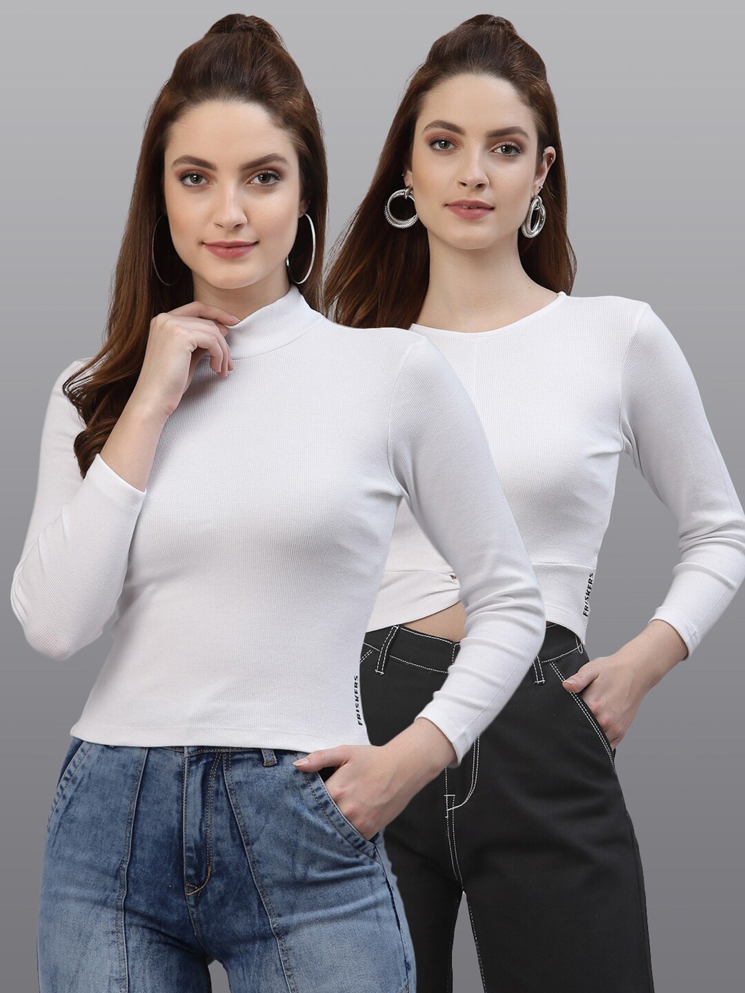 

Friskers Women Pack of 2 White Solid High Neck Cotton Fitted Top