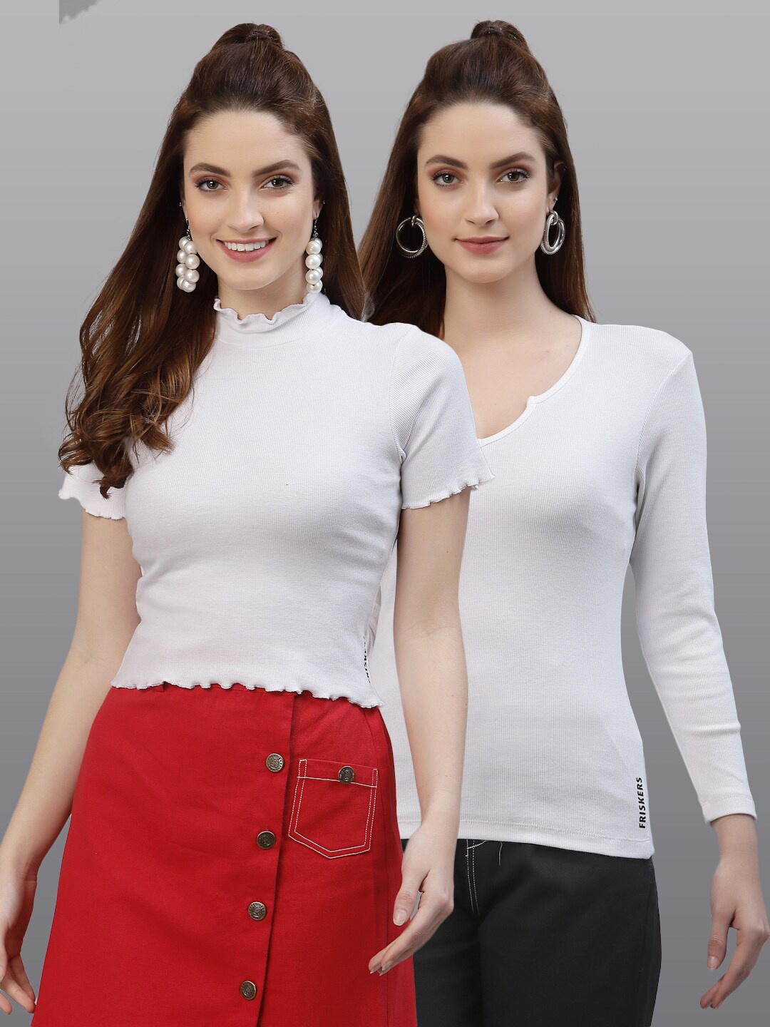 

Friskers Pack Of 2 White Solid Cotton Fitted Tops