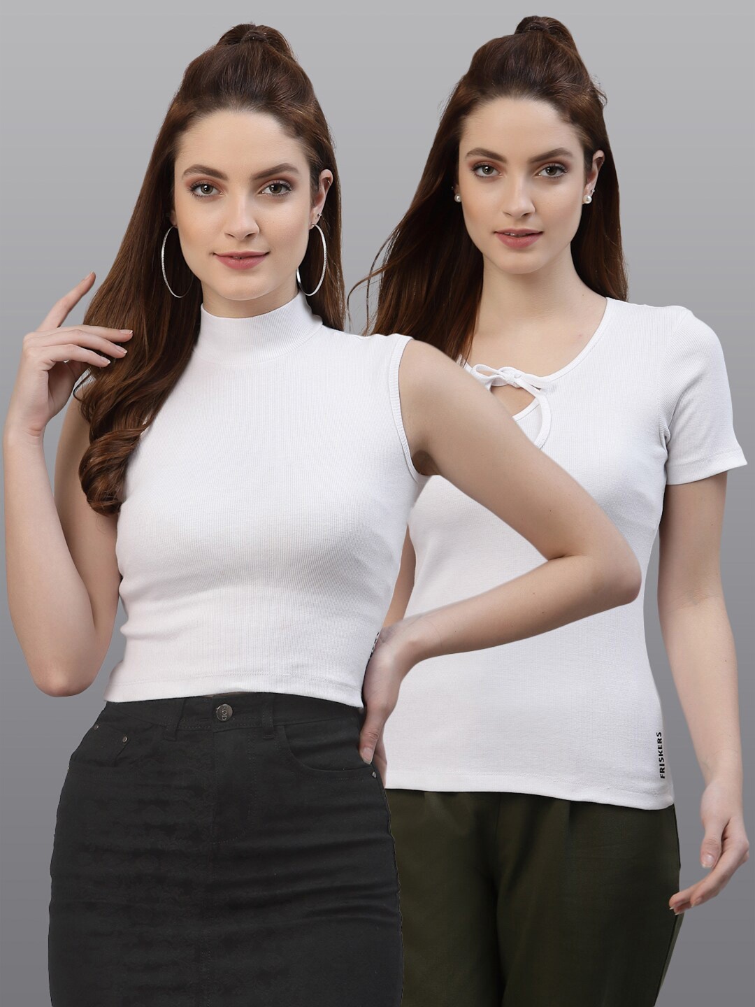 Friskers Pack Of 2 White Solid Cotton Fitted Tops