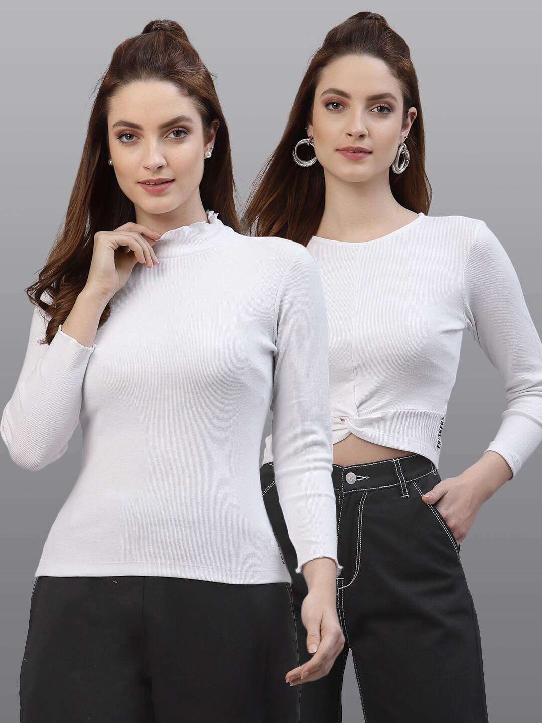 

Friskers Pack Of 2 White Solid Cotton Fitted Tops