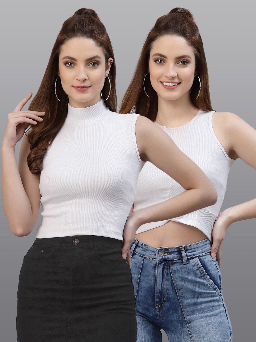 Friskers Pack Of 2 White Solid Cotton Crop Fitted Tops