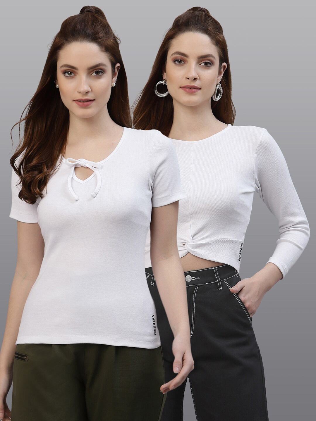 

Friskers Pack Of 2 White Solid Cotton Fitted Tops