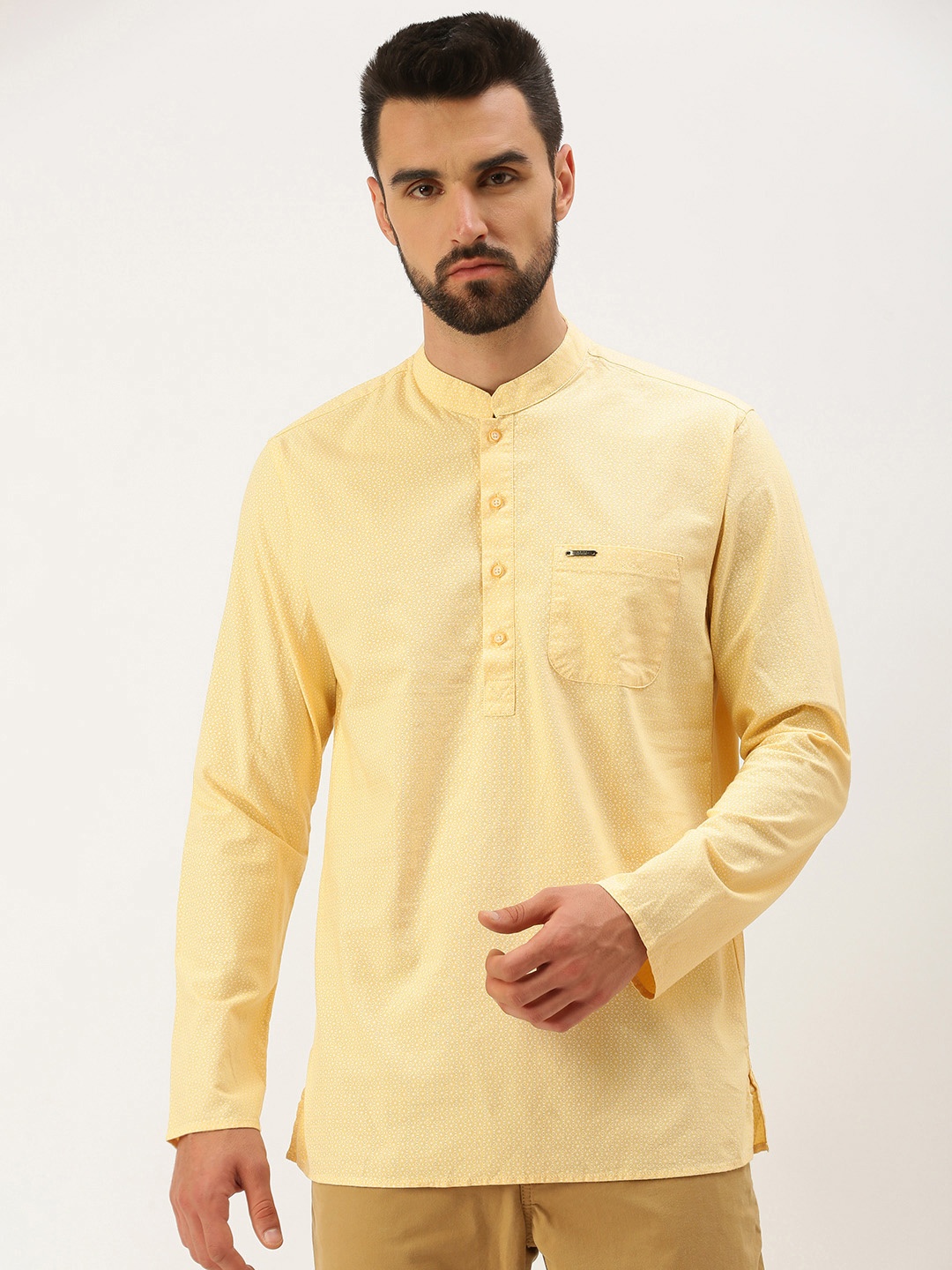 

Peter England Men Yellow Woven Design Pure Cotton Straight Kurta