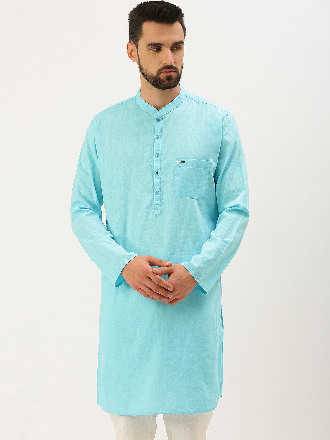 

Peter England Men Blue Solid Pure Cotton Straight Kurta