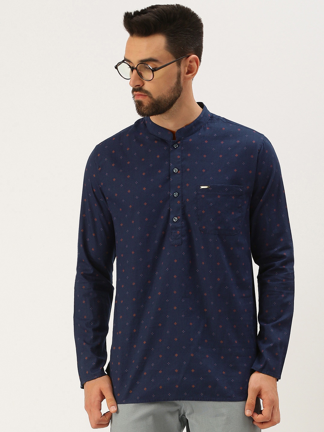 

Peter England Men Navy Blue Printed Pure Cotton Straight Kurta