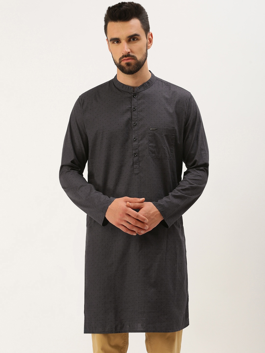 

Peter England Men Charcoal Grey Woven Design Pure Cotton Kurta