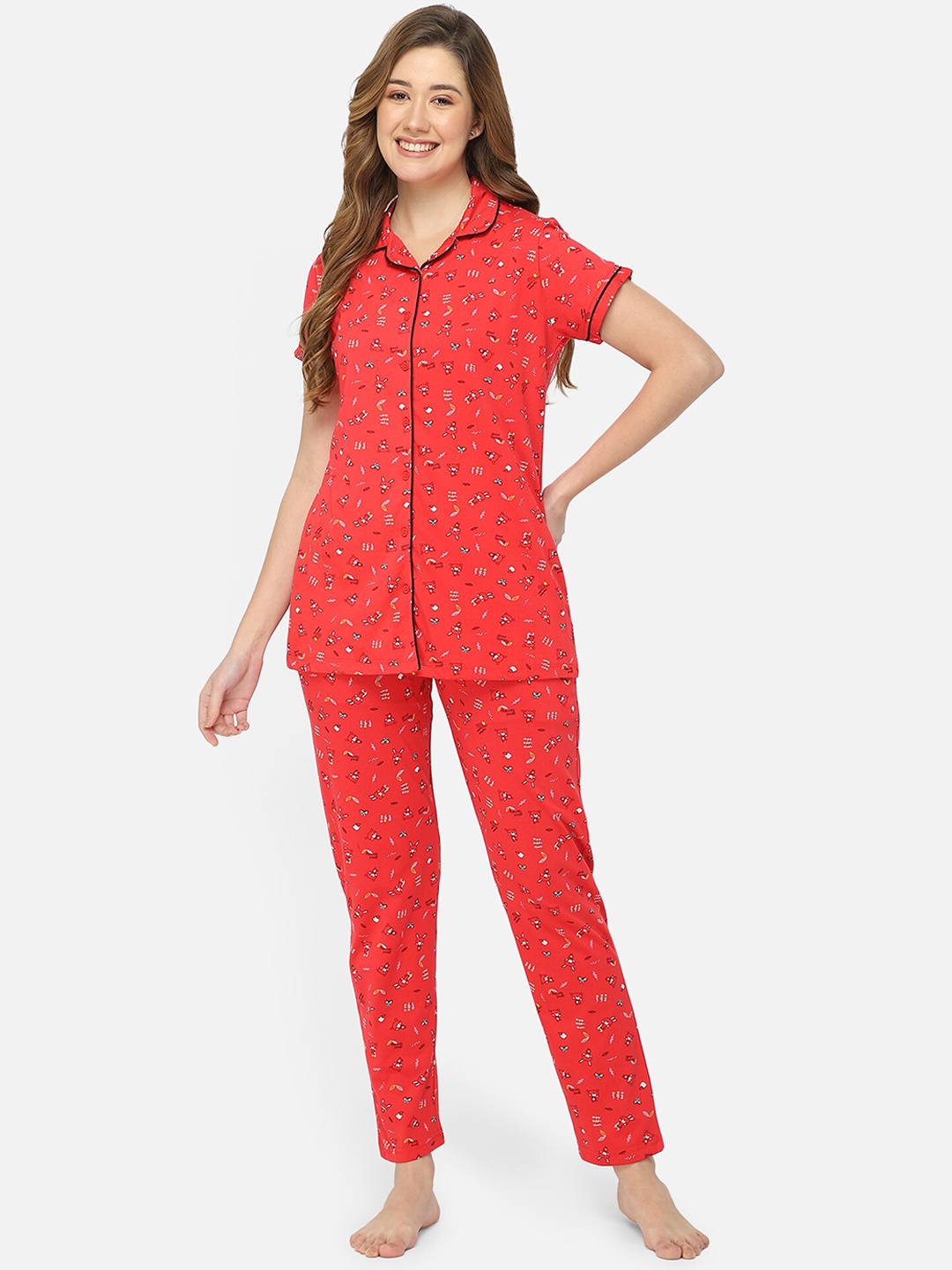 

Bell Paper Women Red Printed Night suit