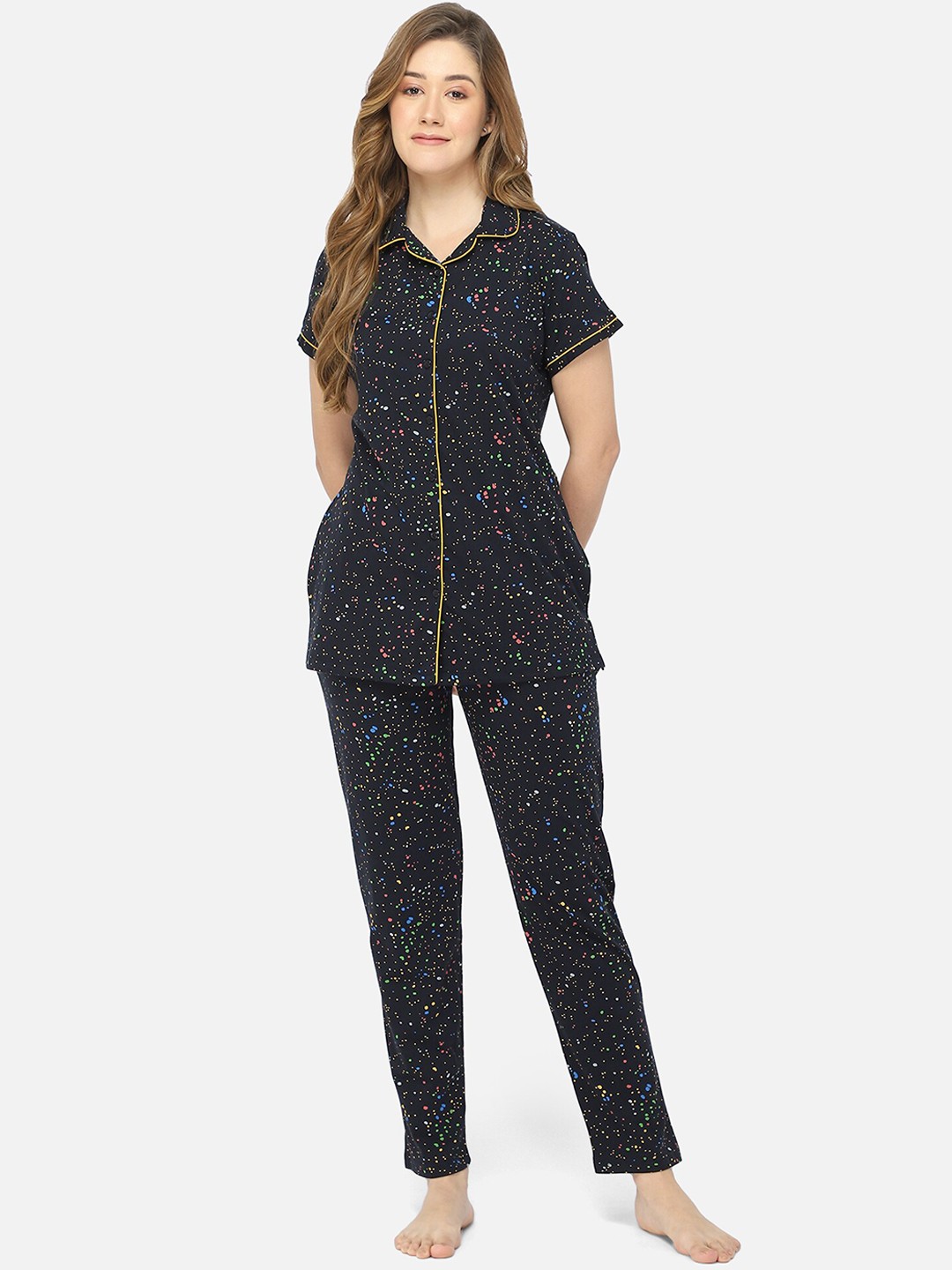 

Bell Paper Women Navy Blue Printed Pure Cotton Night suit