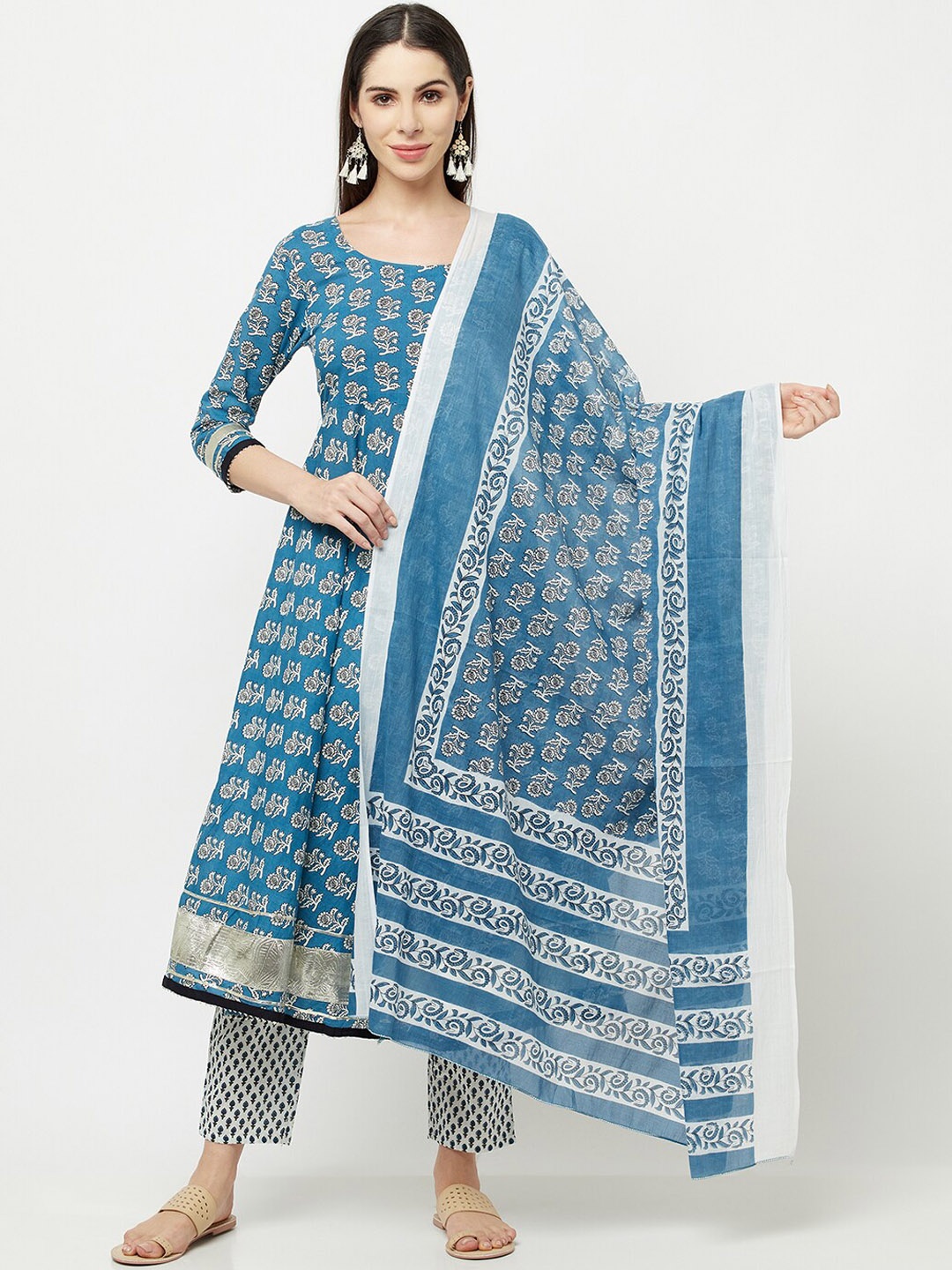 

Senyora Women Blue Printed Pleated Pure Cotton Kurta Set
