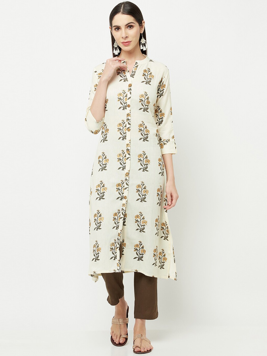 

Senyora Women Off White & Yellow Floral Printed Pure Cotton Kurta with Trousers