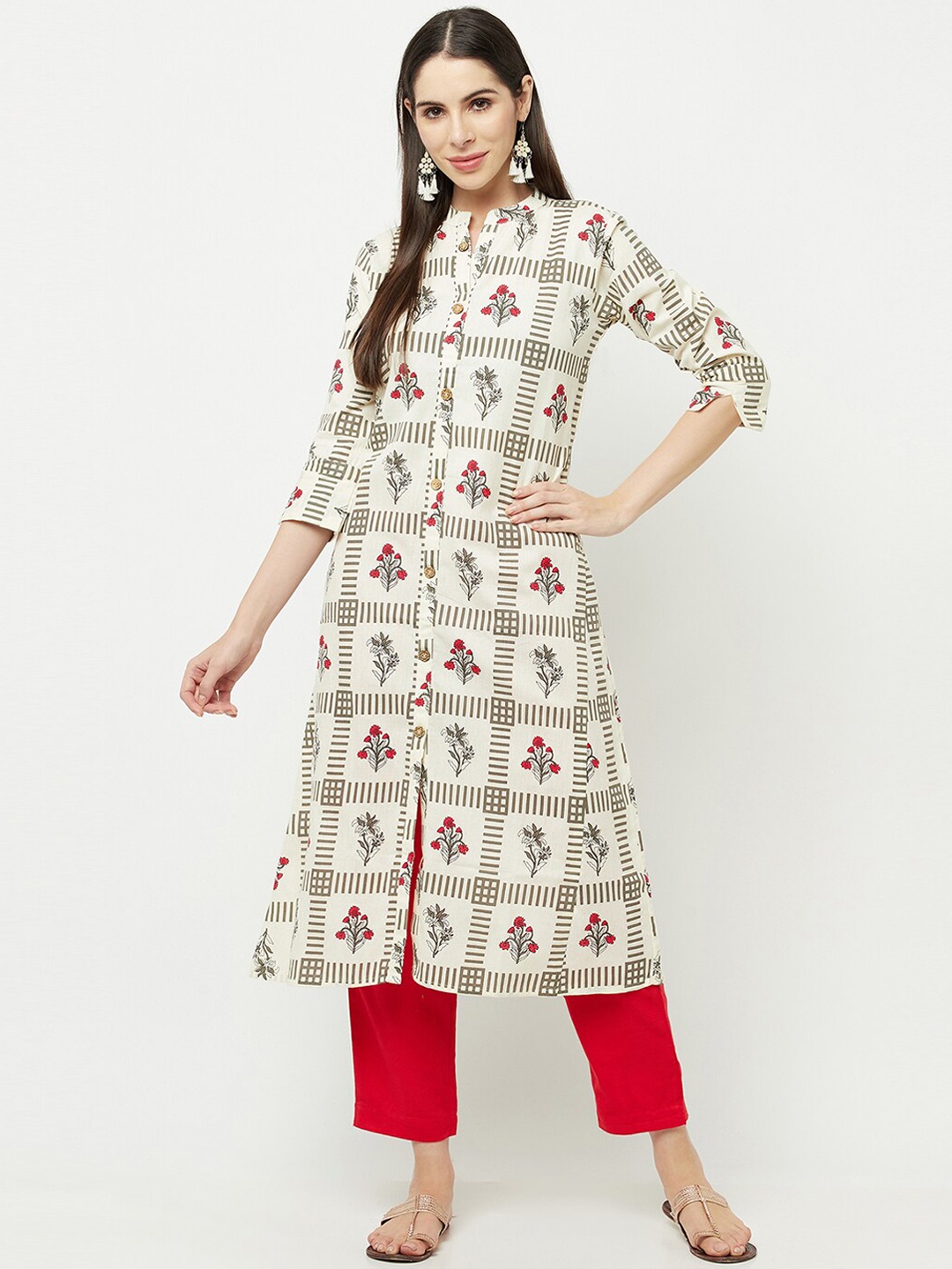 Senyora Women Off White & Red Floral Printed Pure Cotton Kurta with Trousers