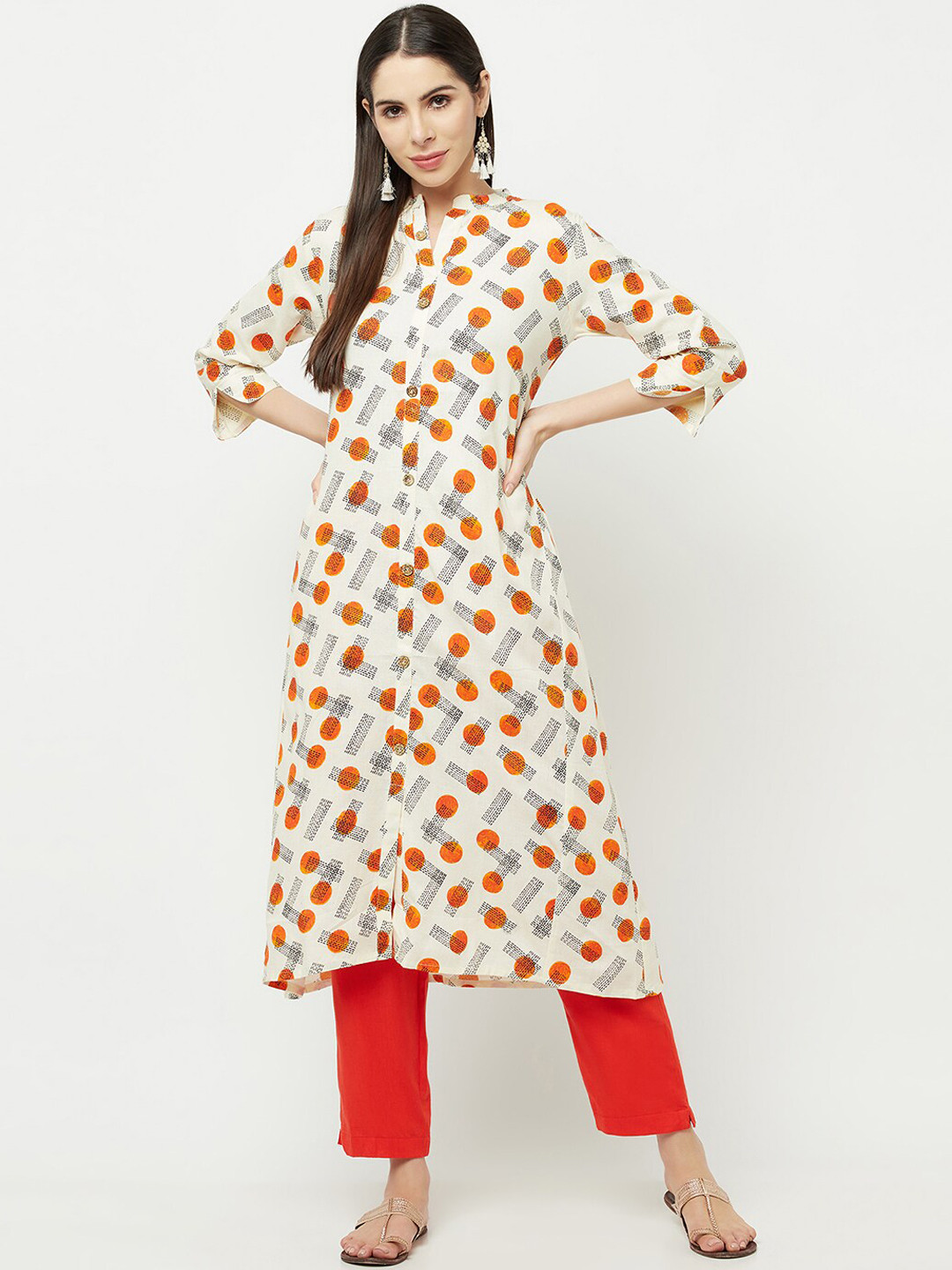 

Senyora Women Off White & Red Floral Printed Pure Cotton Kurta with Trousers