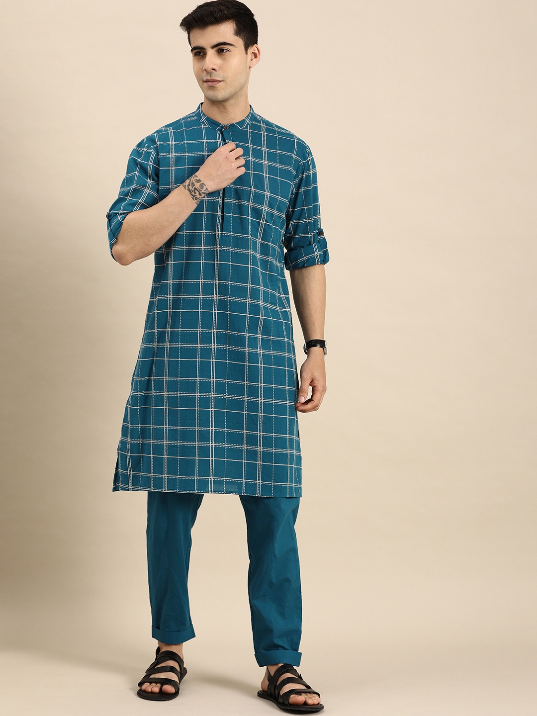 

Anouk Men Teal Blue Pure Cotton Kurta with Trousers