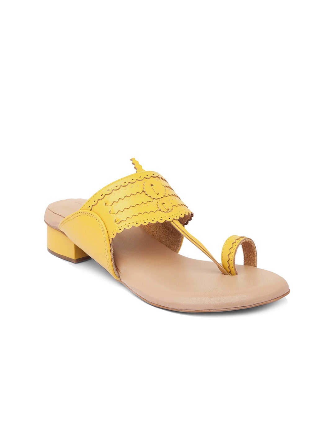 

BLUE BAKSA Yellow & Beige Leather Block Sandals