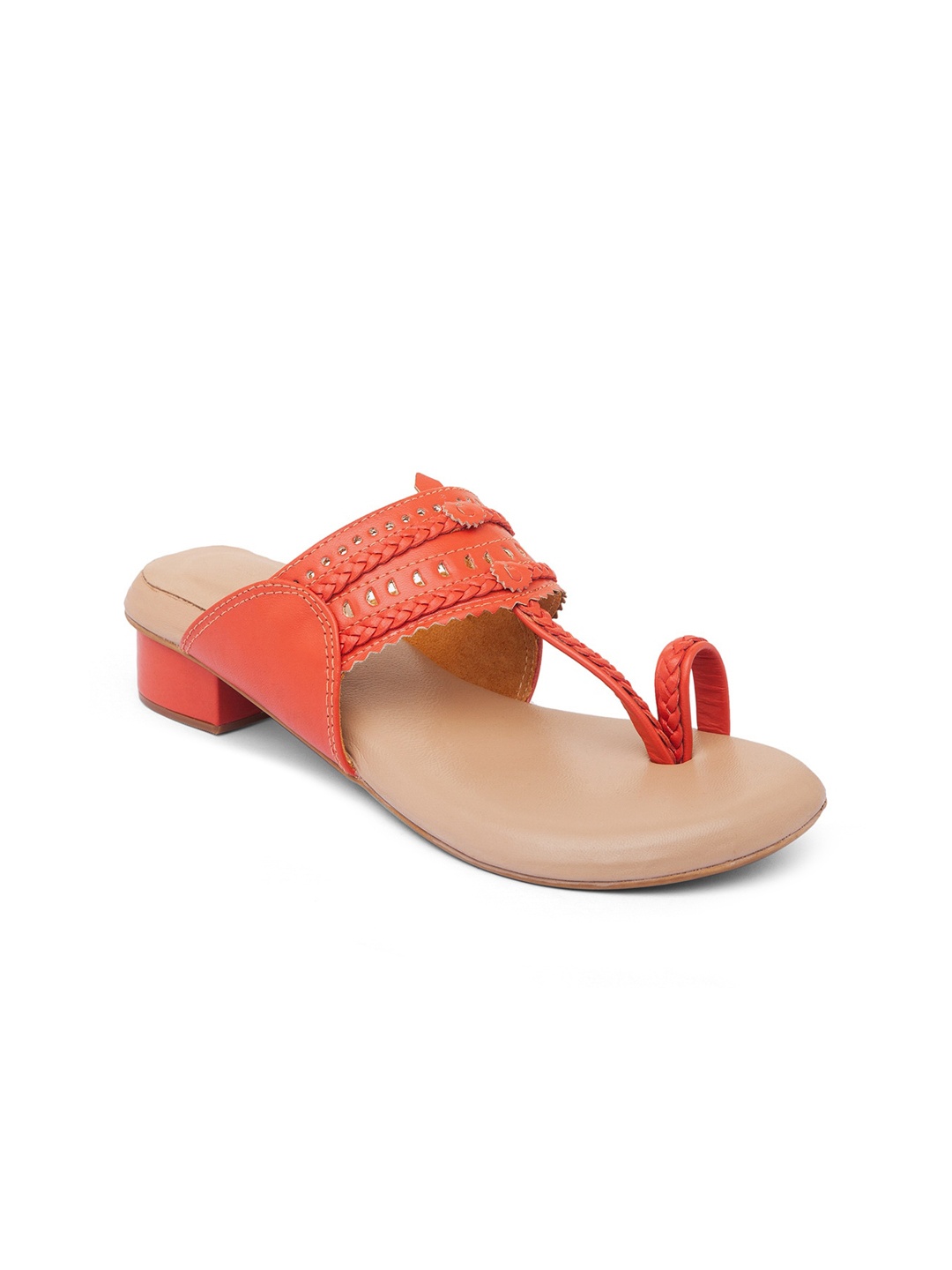 

BLUE BAKSA Coral Orange Embellished Leather Kolhapuri Ethnic Block Heels