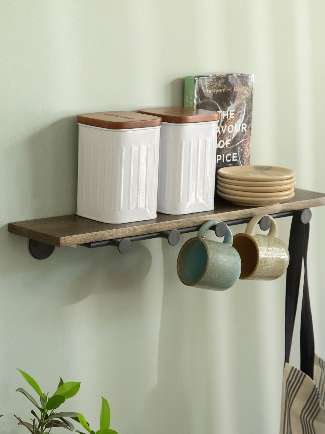 

ellementry Brown Wooden Wall Shelf with Hooks
