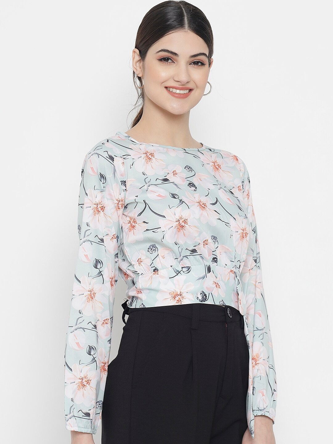 

Kannan Green Floral Print Crepe Styled Back Top