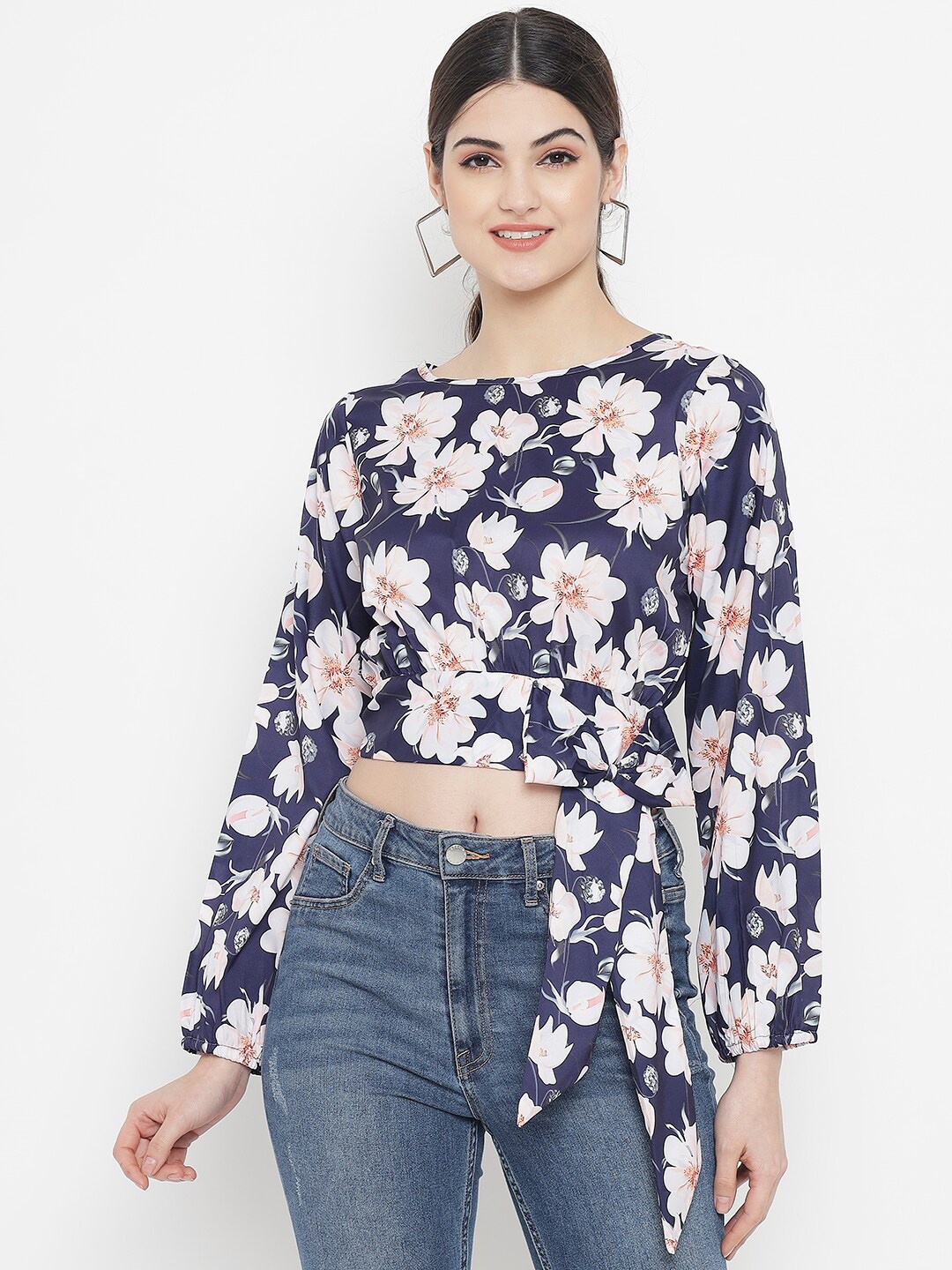 

Kannan Women Navy Blue Floral Print Crepe Cinched Waist Top