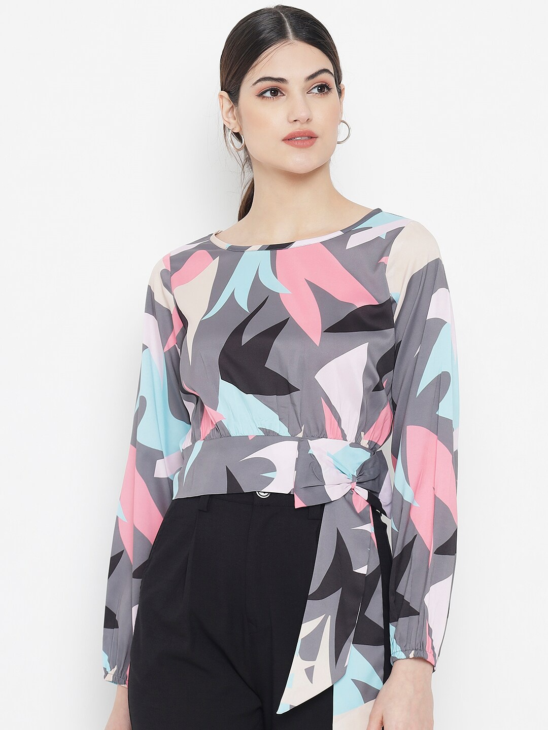 

Kannan Grey & Multicoloured Print Crepe Cinched Waist Top
