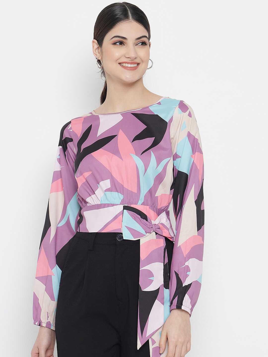 

Kannan Purple Printed Crepe Bow Detailed Cinched Waist Top