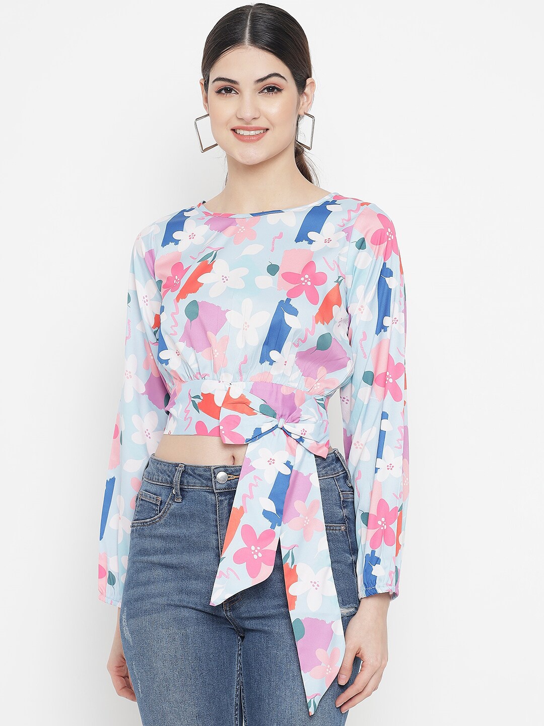 

Kannan White & Blue Floral Print Crepe Cinched Waist Crop Top