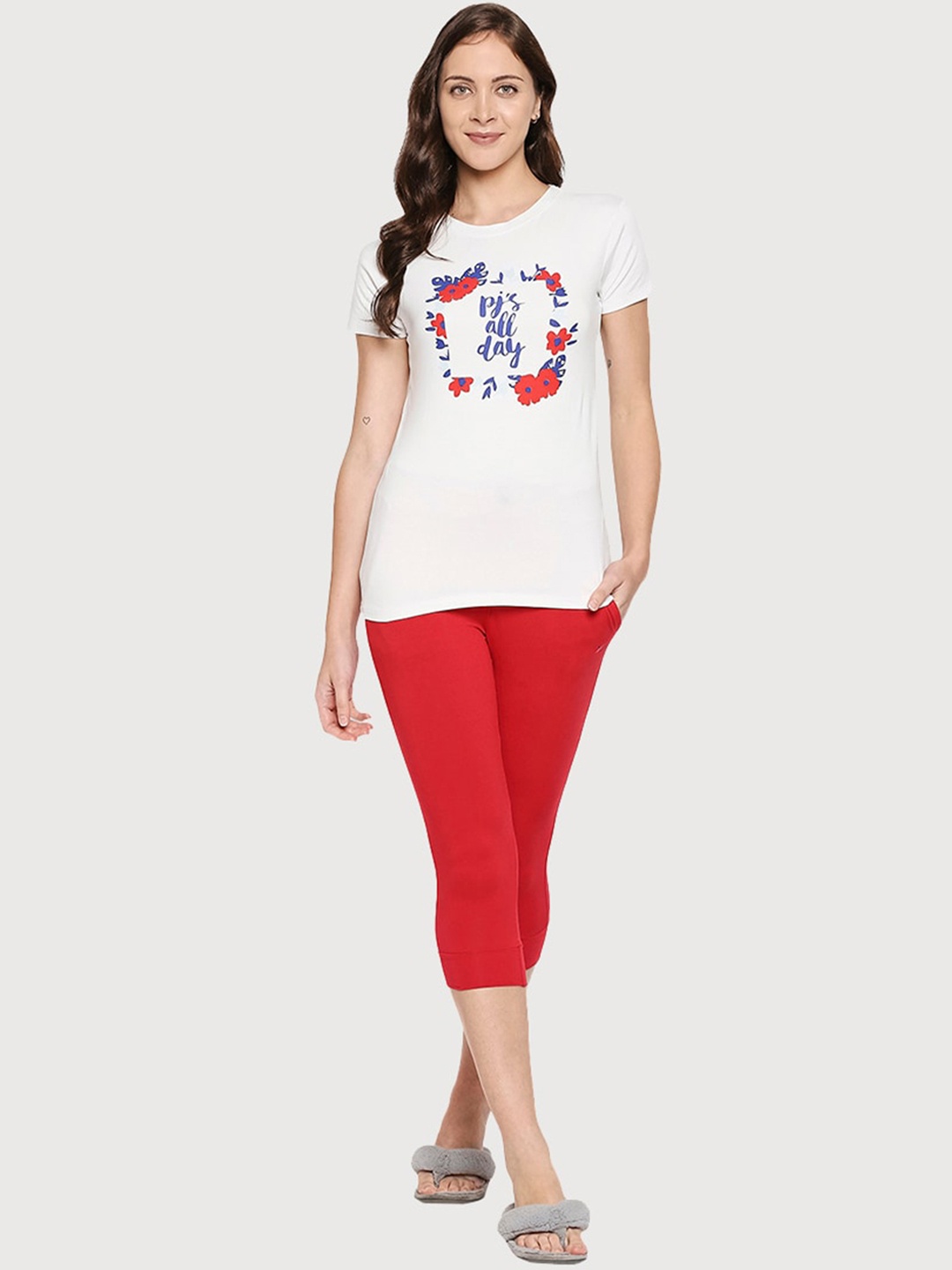 

XIN Women White & Pink Printed Cotton Night suit
