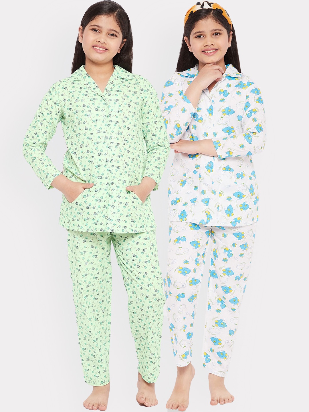 

KYDZI Girls White & Green Pack Of 2 Printed Night suits