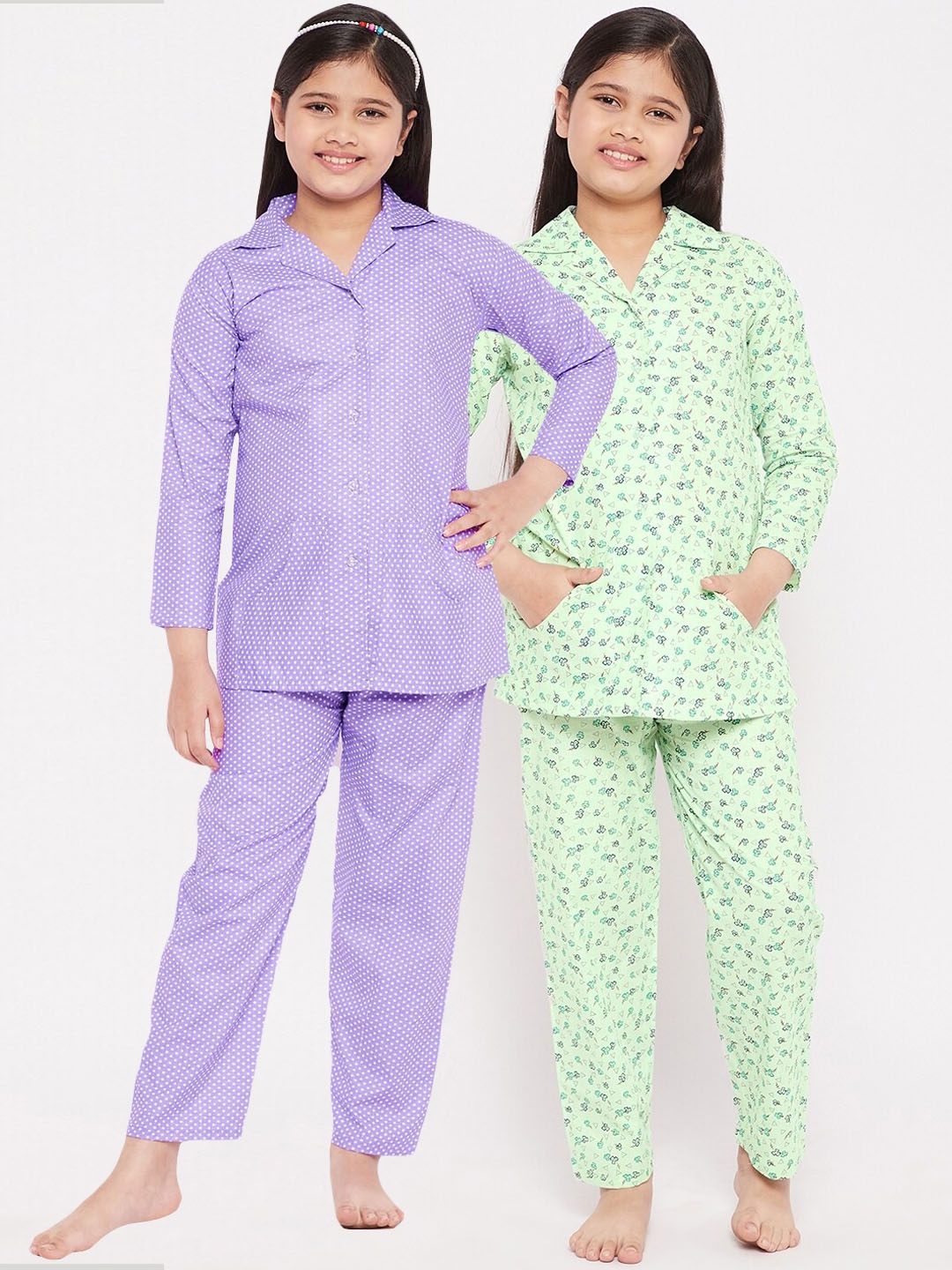 

KYDZI Girls Sea Green & Purple Pack Of 2 Printed Night suit