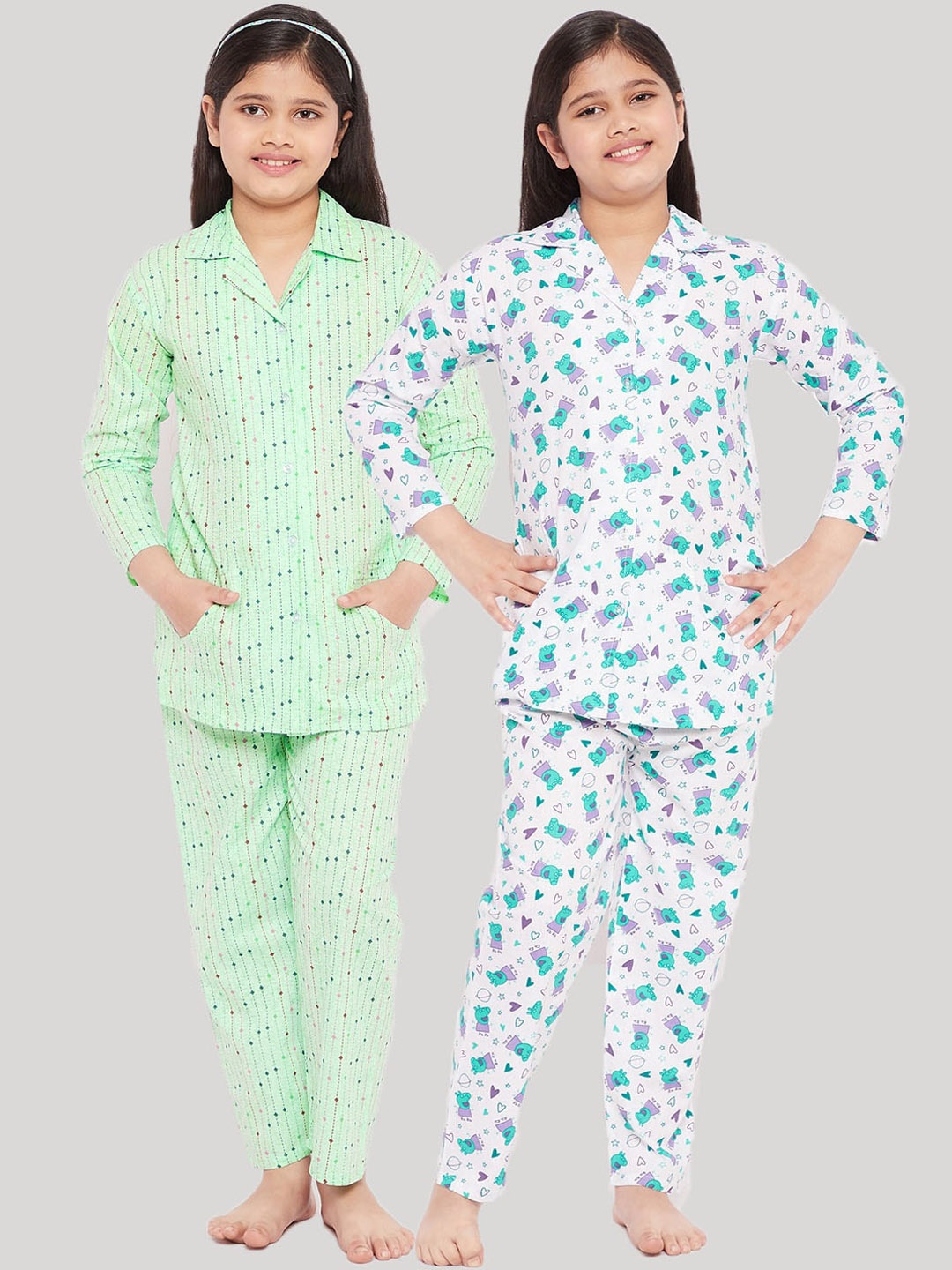 

KYDZI Girls White & Blue Set Of 2 Printed Cotton Night suit