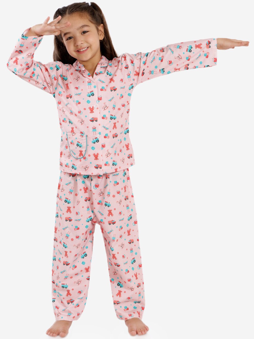 

KID1 Girls Pink Printed Night Cotton Suit