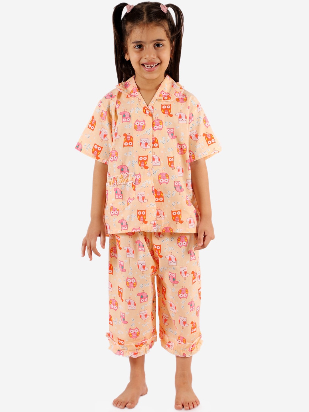 

KID1 Girls Peach-Coloured Printed Night suit
