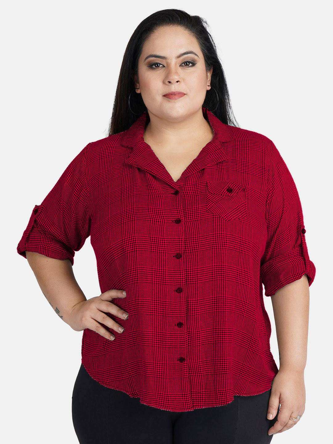 

Indietoga Women Plus Size Red & Black Checked Cotton Shirt