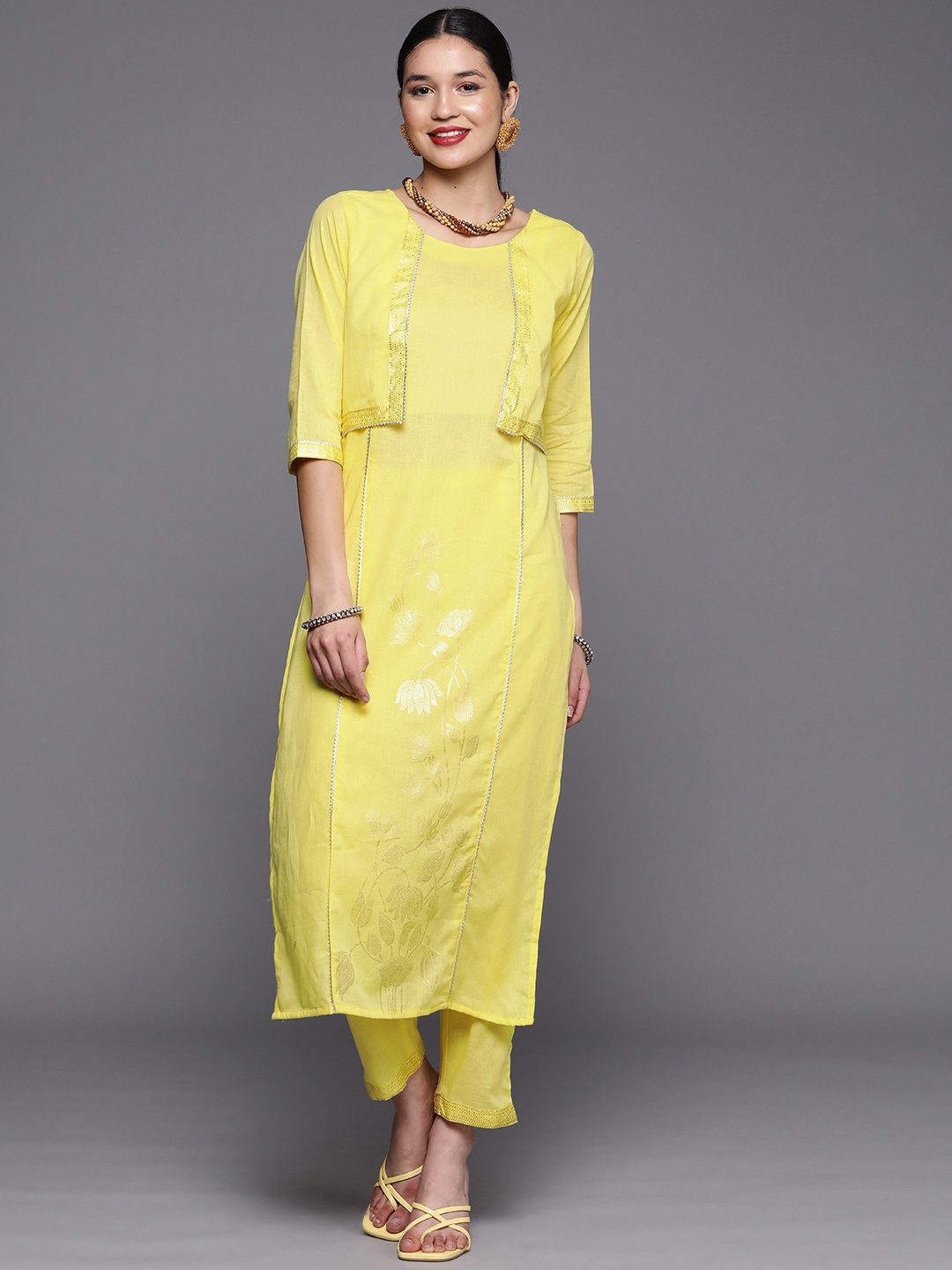 

Ahalyaa Women Yellow Layered Gotta Patti Pure Cotton Kurta with Trousers