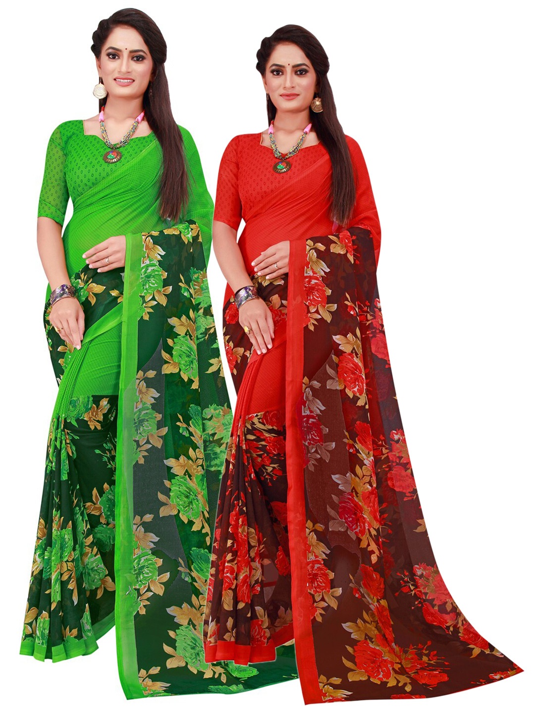 

SAADHVI Green & Red Set Of 2 Floral Pure Georgette Saree