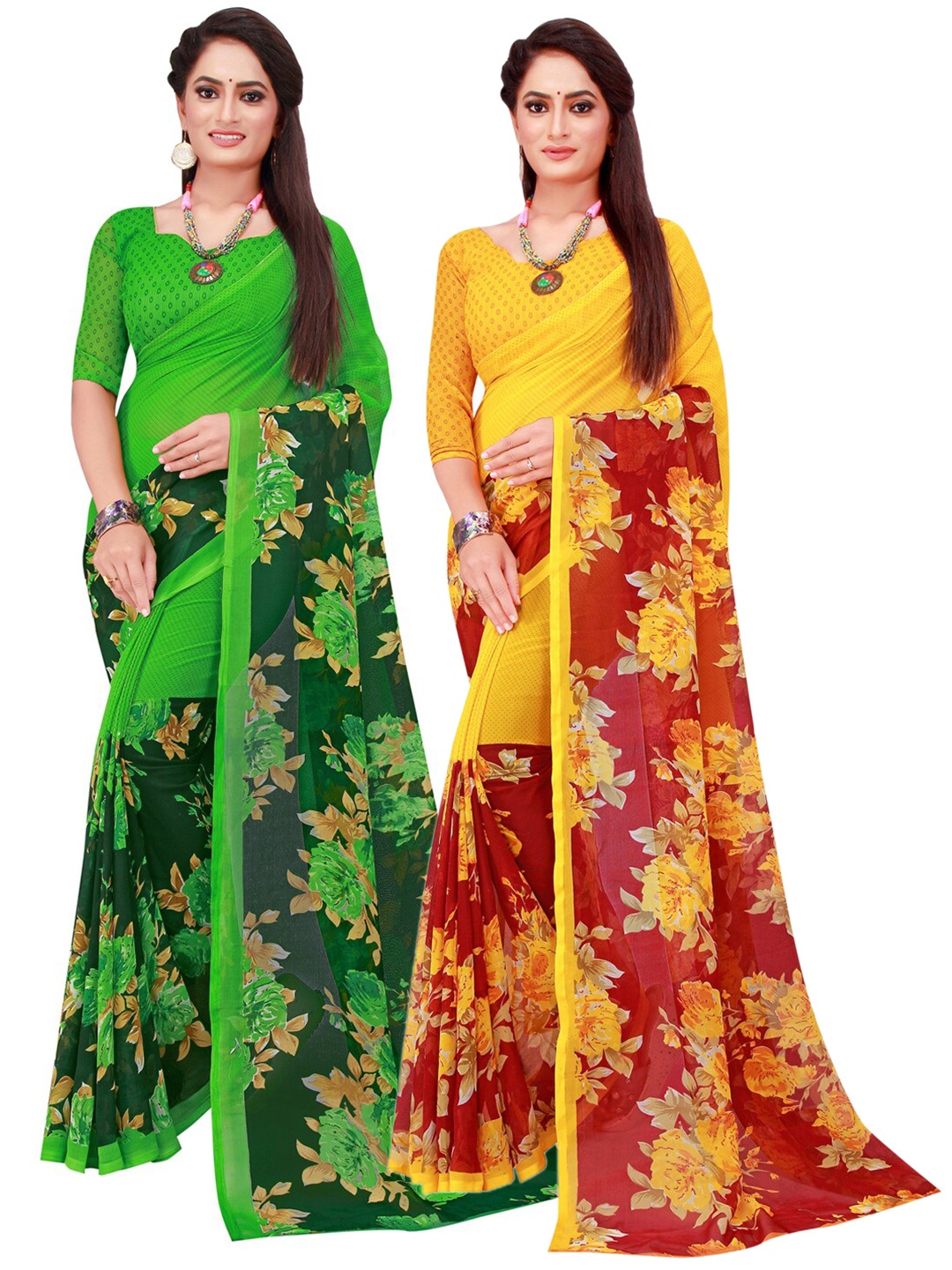 

SAADHVI Green & Yellow Pack of 2 Floral Printed Pure Georgette Saree