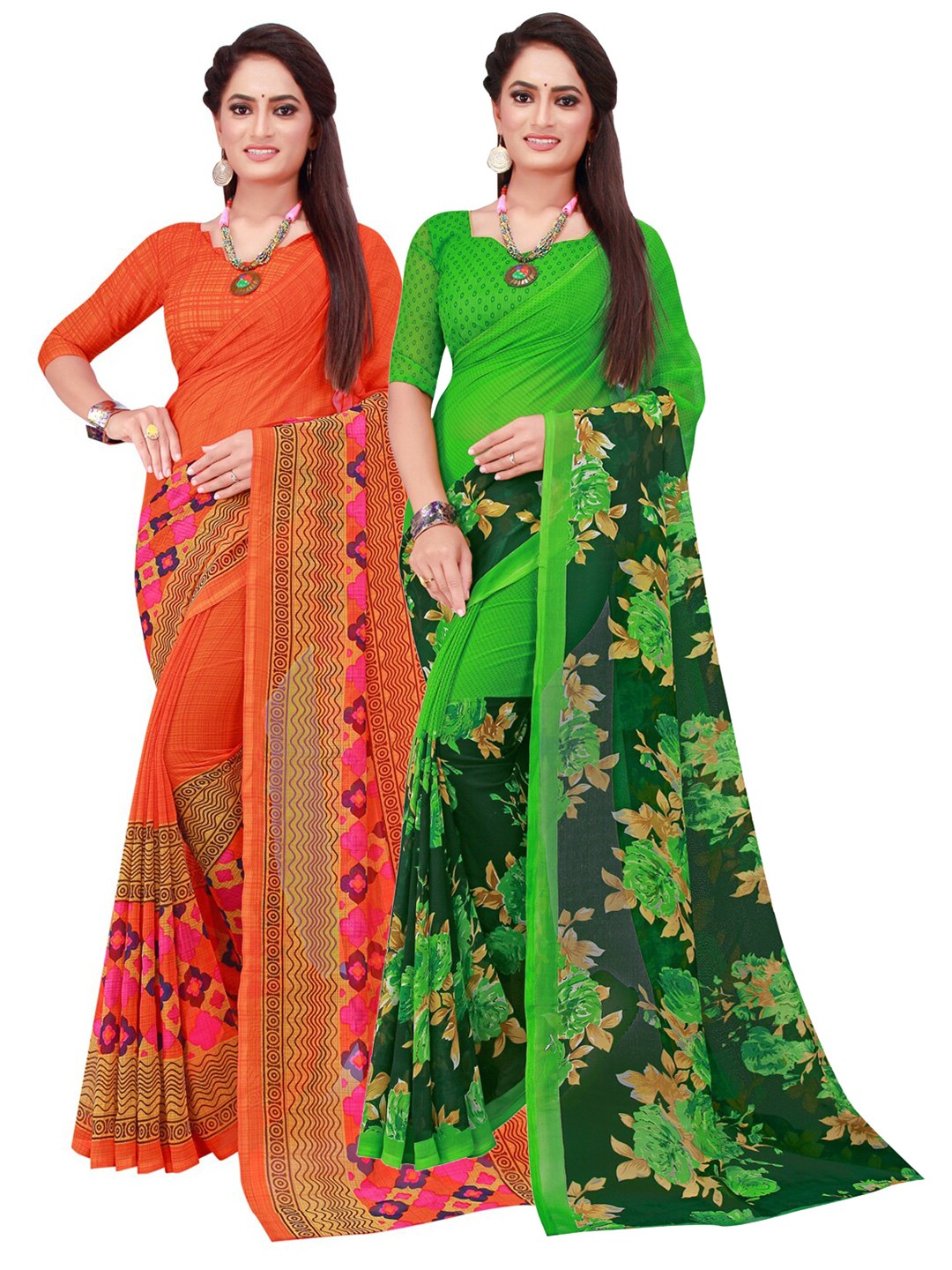 

SAADHVI Orange & Green Floral Pure Georgette Saree