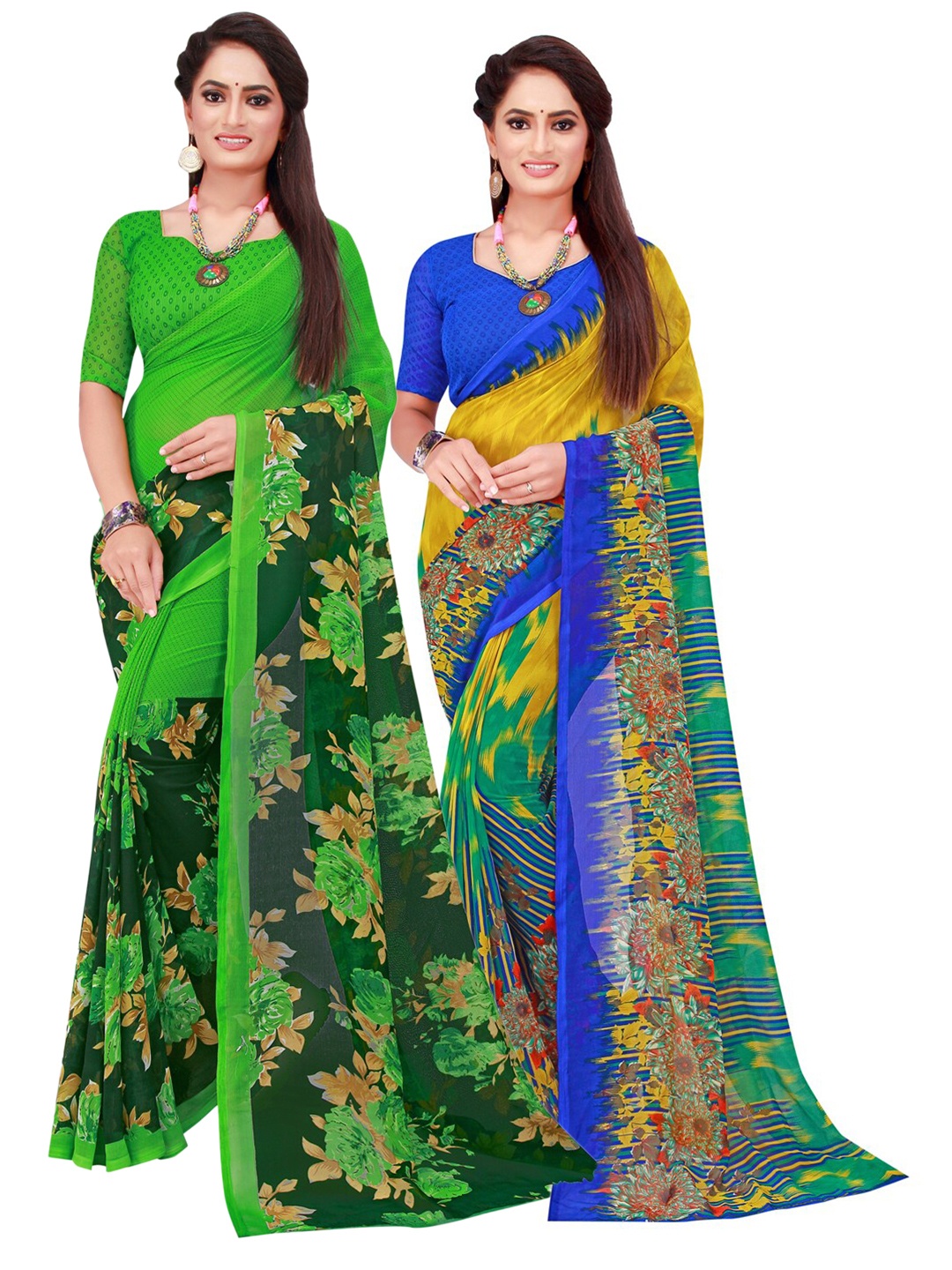 

SAADHVI Green & Multicoloured Pack Of 2 Pure Georgette Sarees