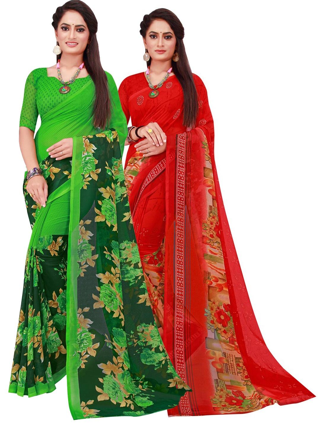 

SAADHVI Red & Green Pack of 2 Floral Printed Pure Georgette Saree