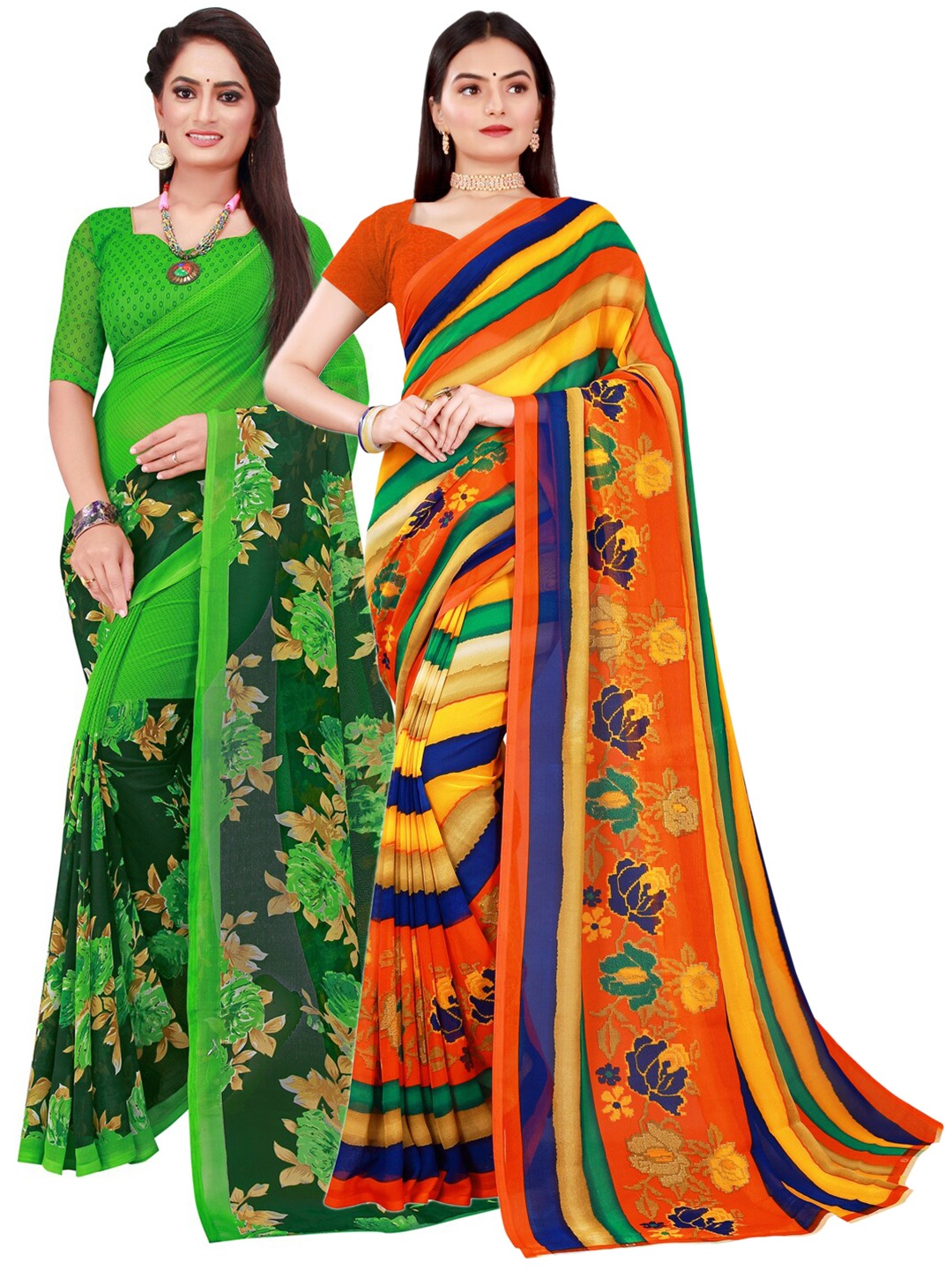 

SAADHVI Green & Blue Set Of 2 Floral Pure Georgette Saree