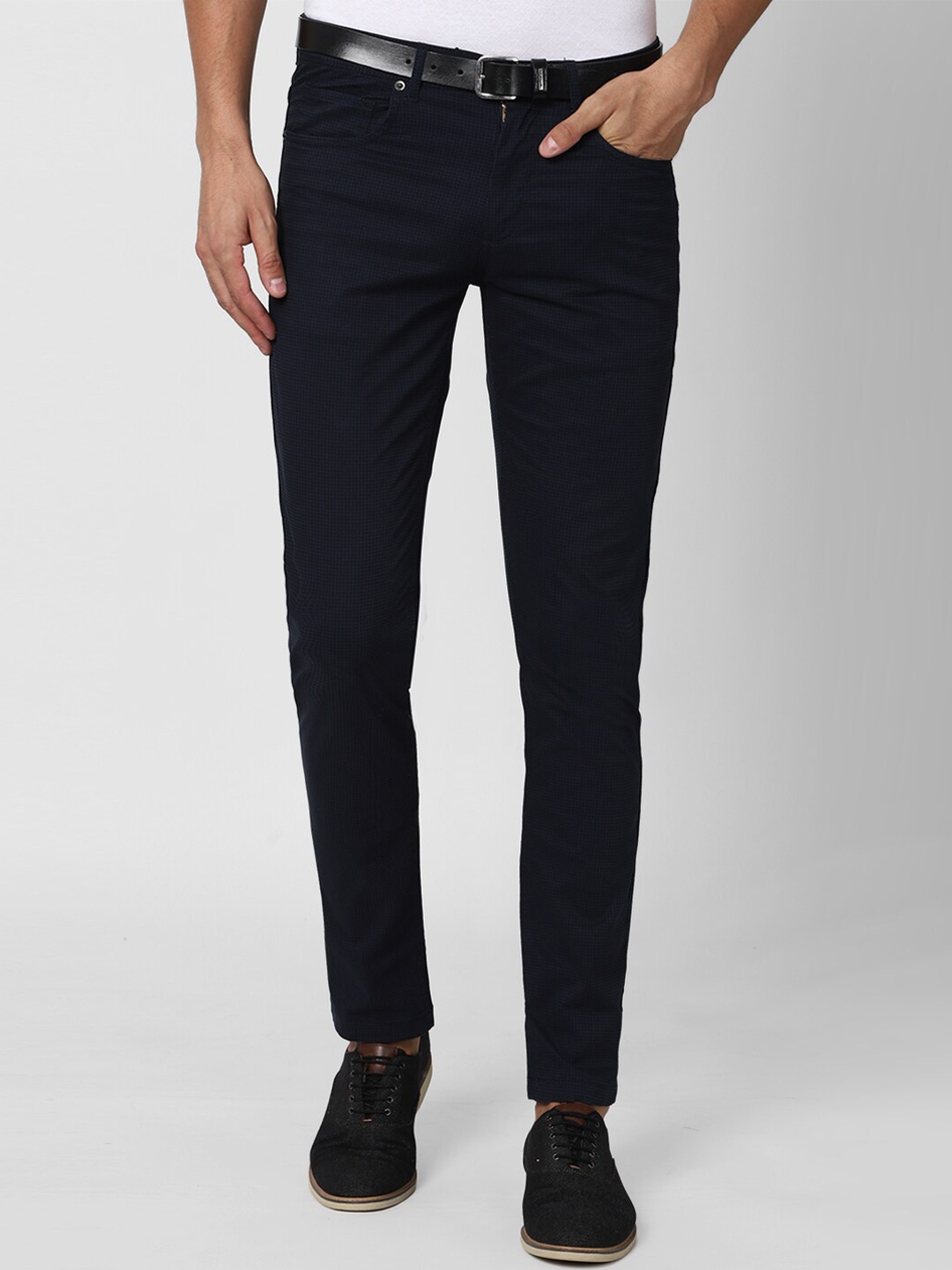 

Peter England Casuals Men Navy Blue Textured Slim Fit Trousers