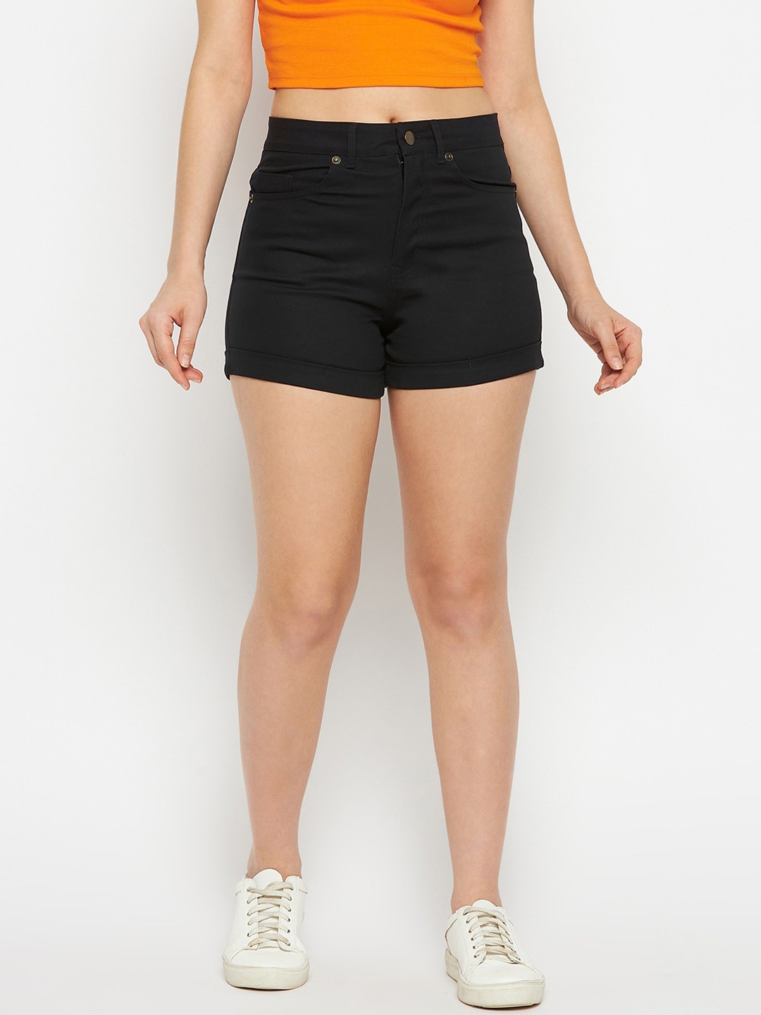 

Hypernation Women Black Solid Slim Fit Outdoor Denim Shorts