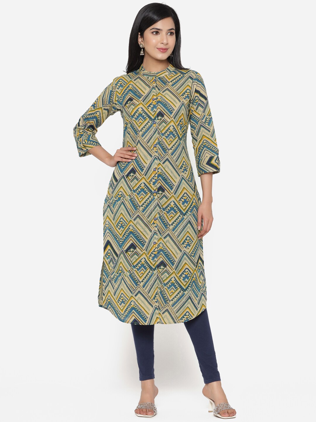 

ETHNIC STREET Yellow & Blue Printed Pure Cotton Kurta