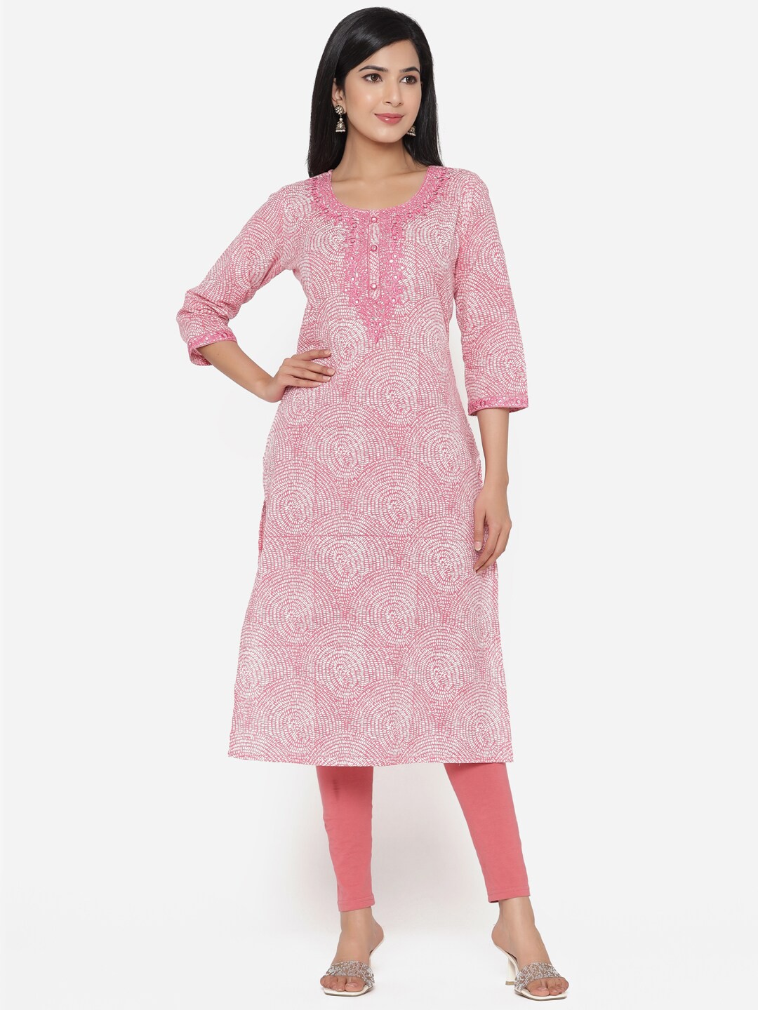 

ETHNIC STREET Pink Floral Printed Thread Work Pure Cotton Thread Work Kurti