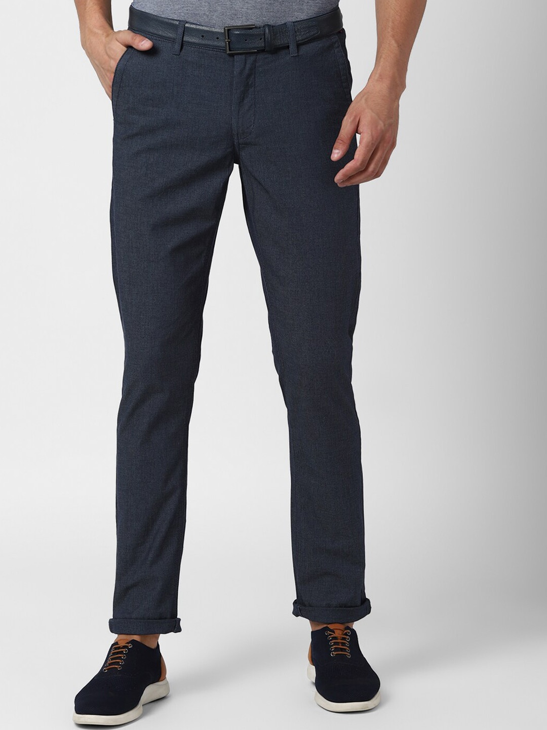 Van Heusen Sport Men Navy Blue Textured Slim Fit Trousers 98% Cotton
