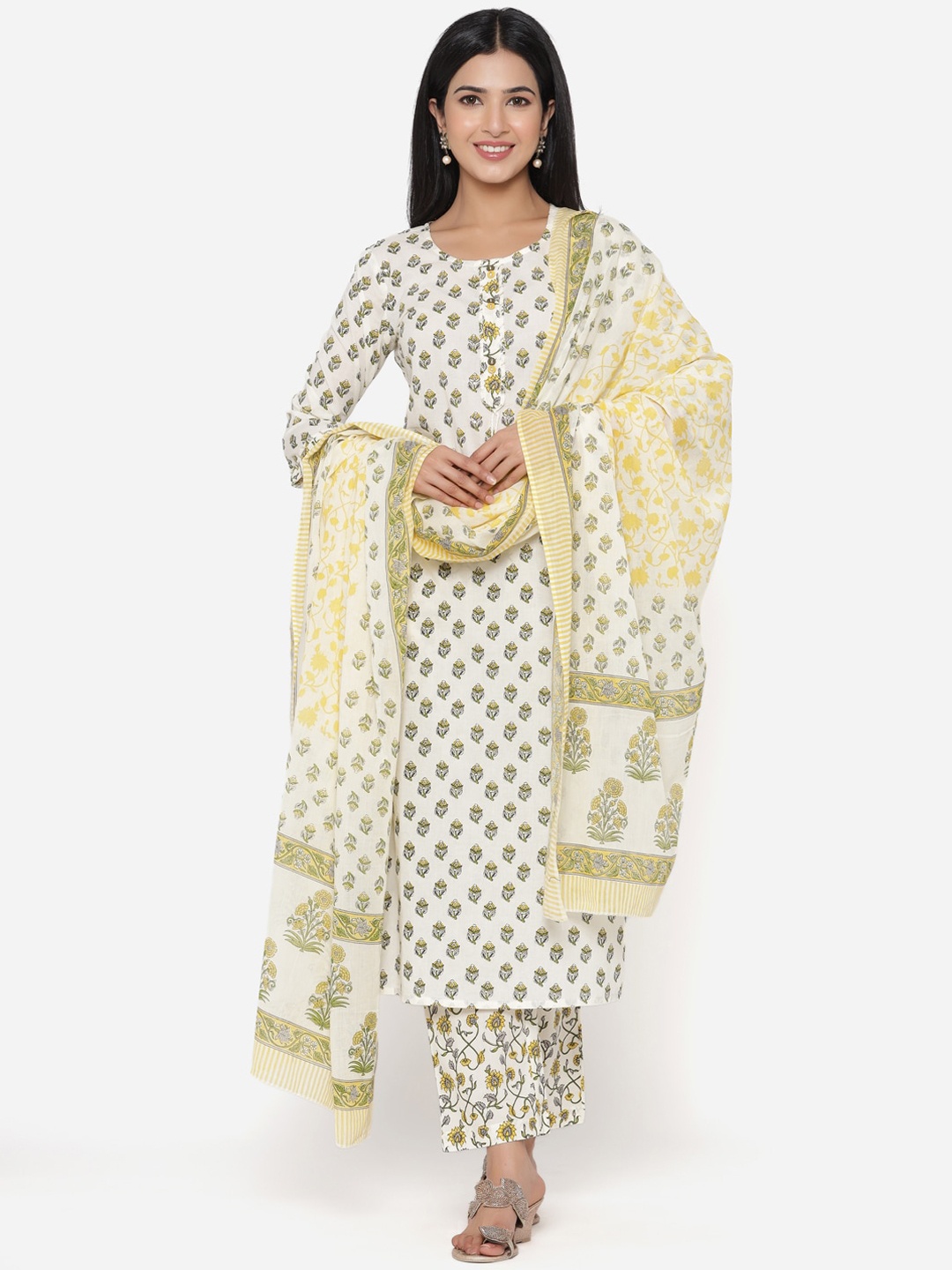 

ETHNIC STREET Women Yellow & White Printed Pure Cotton Kurta with Trousers & With Dupatta