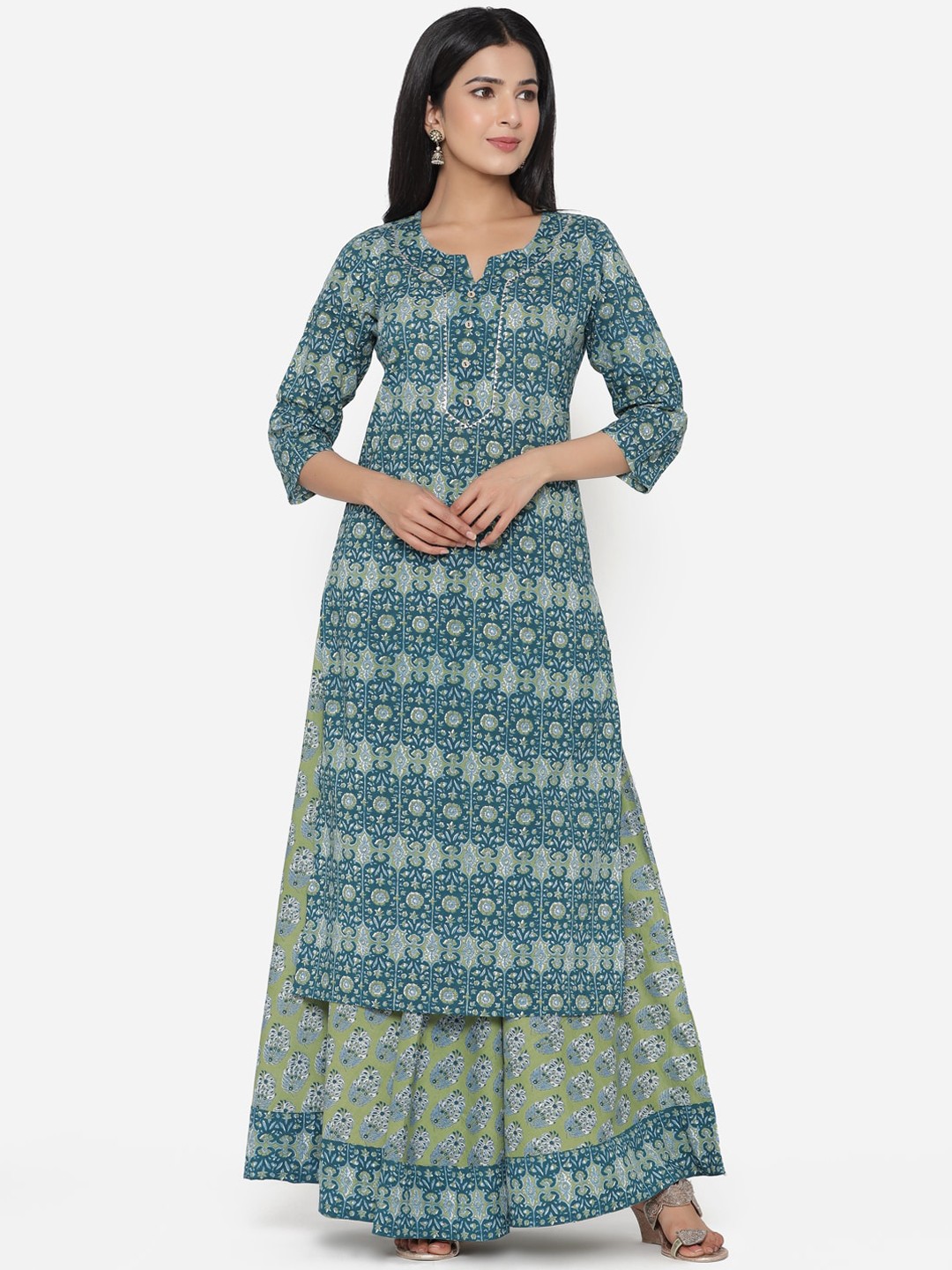 

ETHNIC STREET Women Green Ethnic Motifs Printed Pure Cotton Kurta with Skirt
