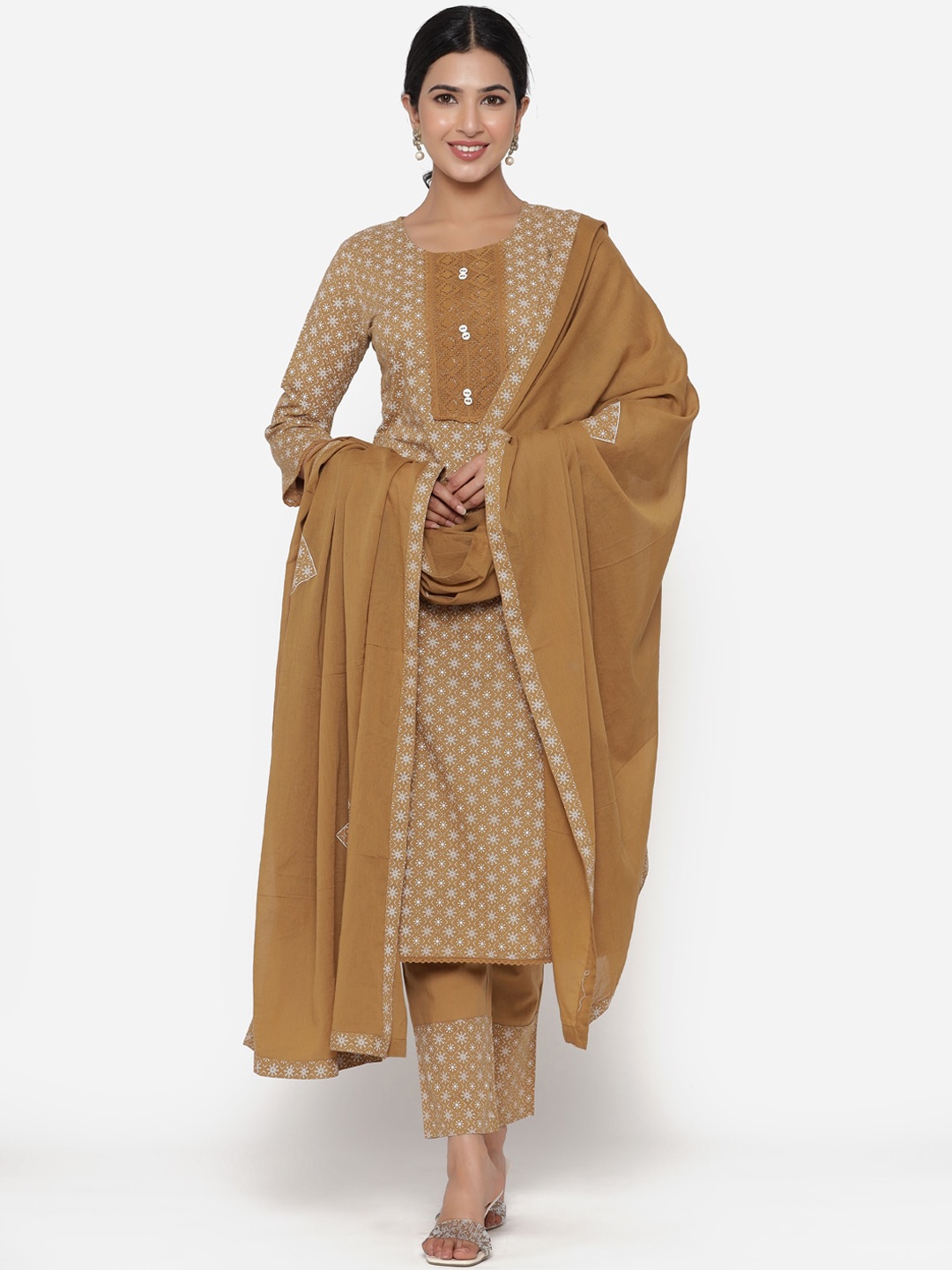 

ETHNIC STREET Women Brown Ethnic Motifs Printed Pure Cotton Kurta Set