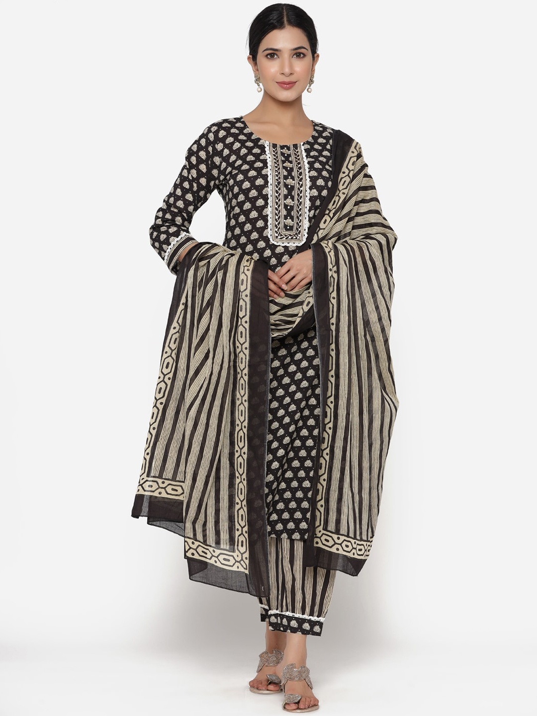 ETHNIC STREET Women Black & Cream Printed Pure Cotton Kurta with Palazzos & With Dupatta