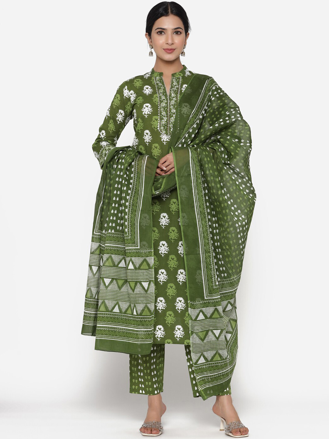 

ETHNIC STREET Women Green Ethnic Motifs Printed Pure Cotton Kurta with Trousers & With Dupatta